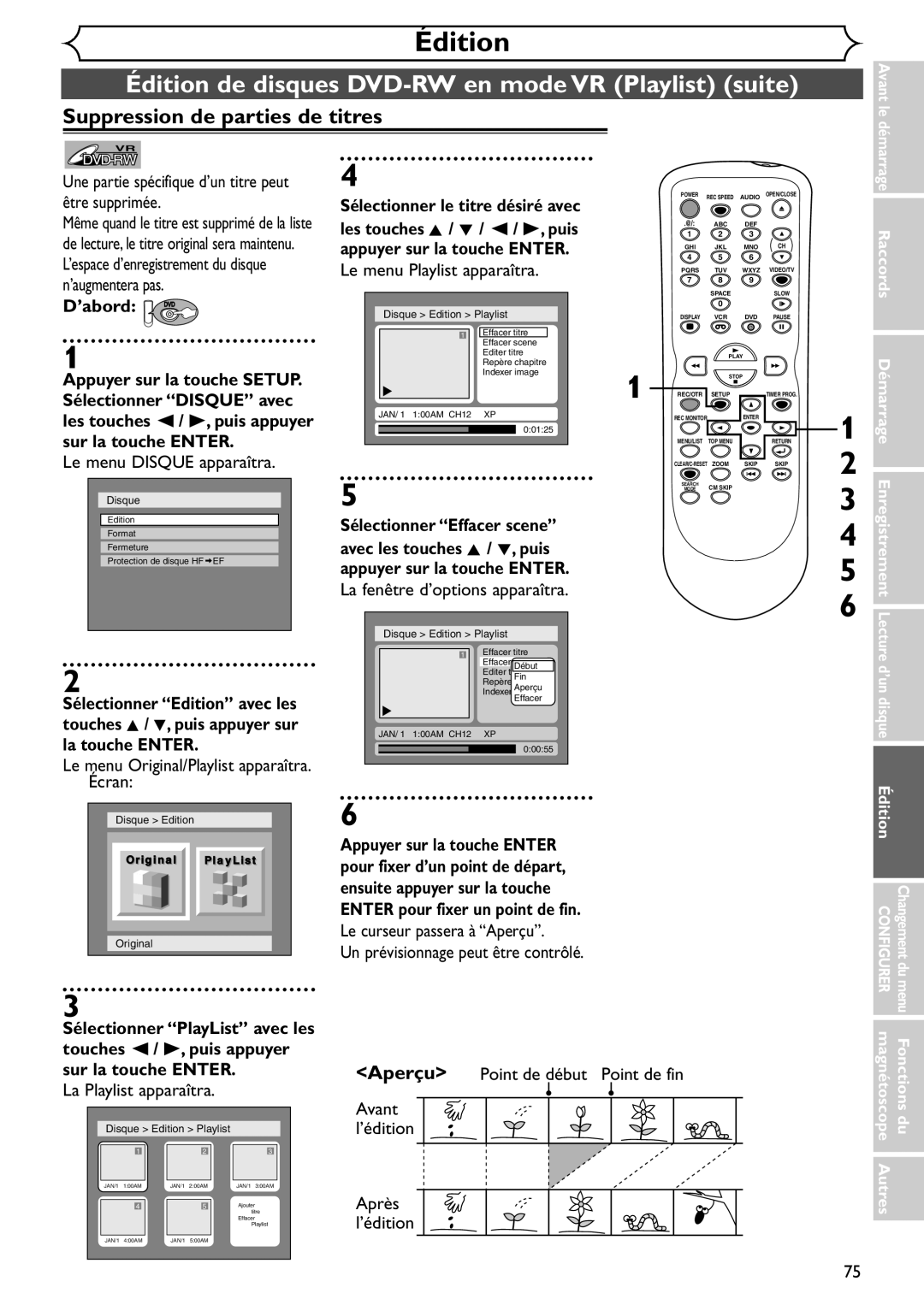 Emerson EDVR95E Édition de disques DVD-RW en mode VR Playlist suite, Une partie spécifique d’un titre peut être supprimée 