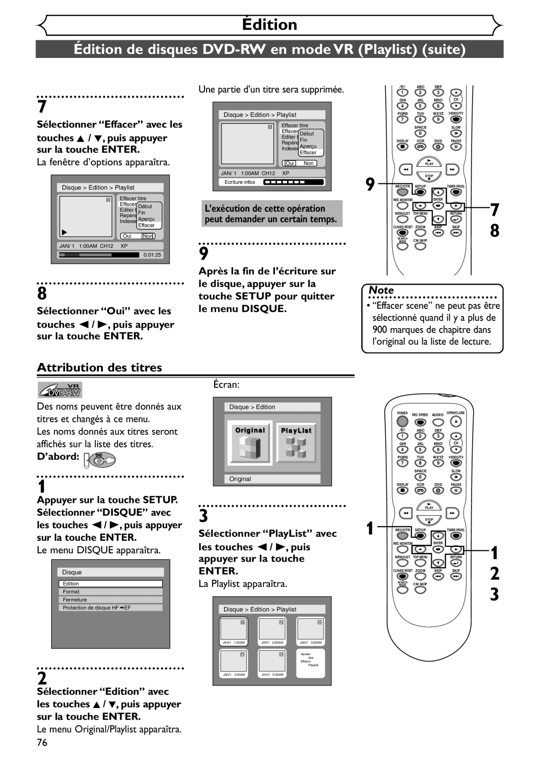 Emerson EDVR95E owner manual Sélectionner Effacer avec les, Après la fin de l’écriture sur, Le disque, appuyer sur la 