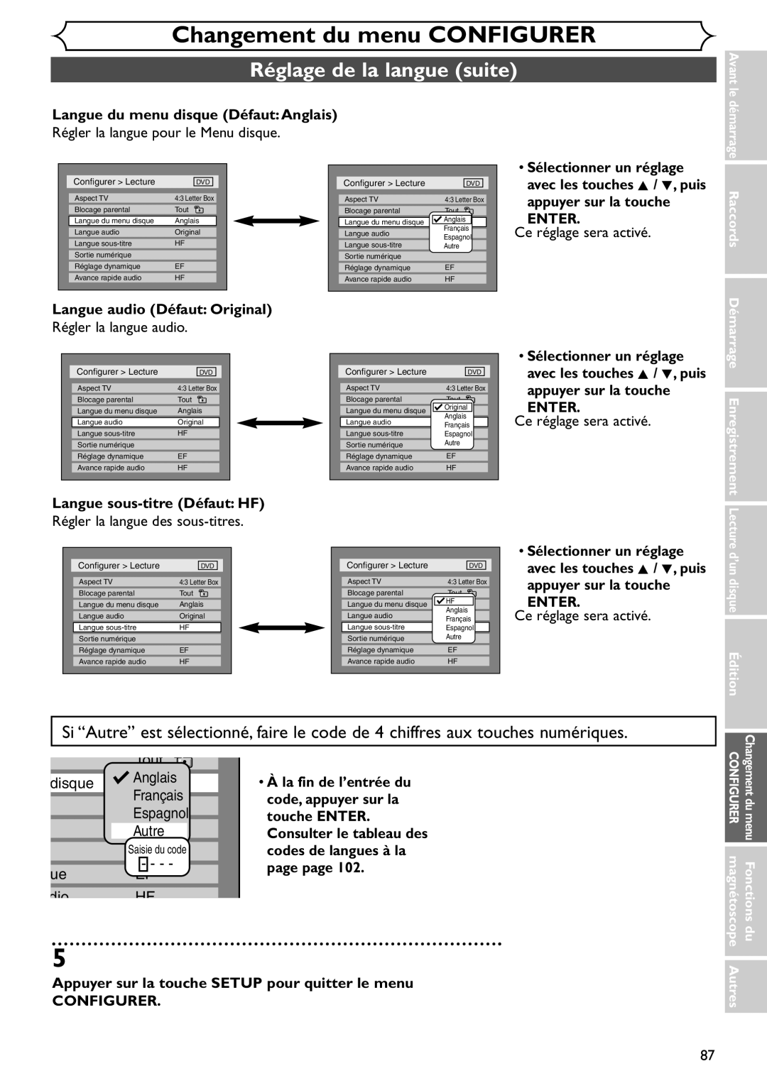 Emerson EDVR95E owner manual Réglage de la langue suite 