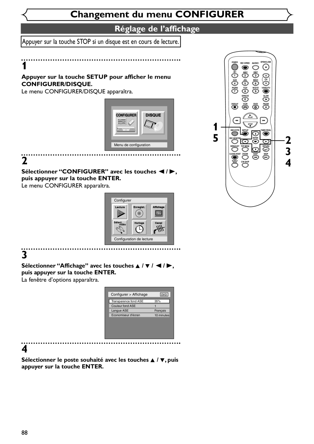 Emerson EDVR95E owner manual Réglage de l’affichage, Configurer Affichage 