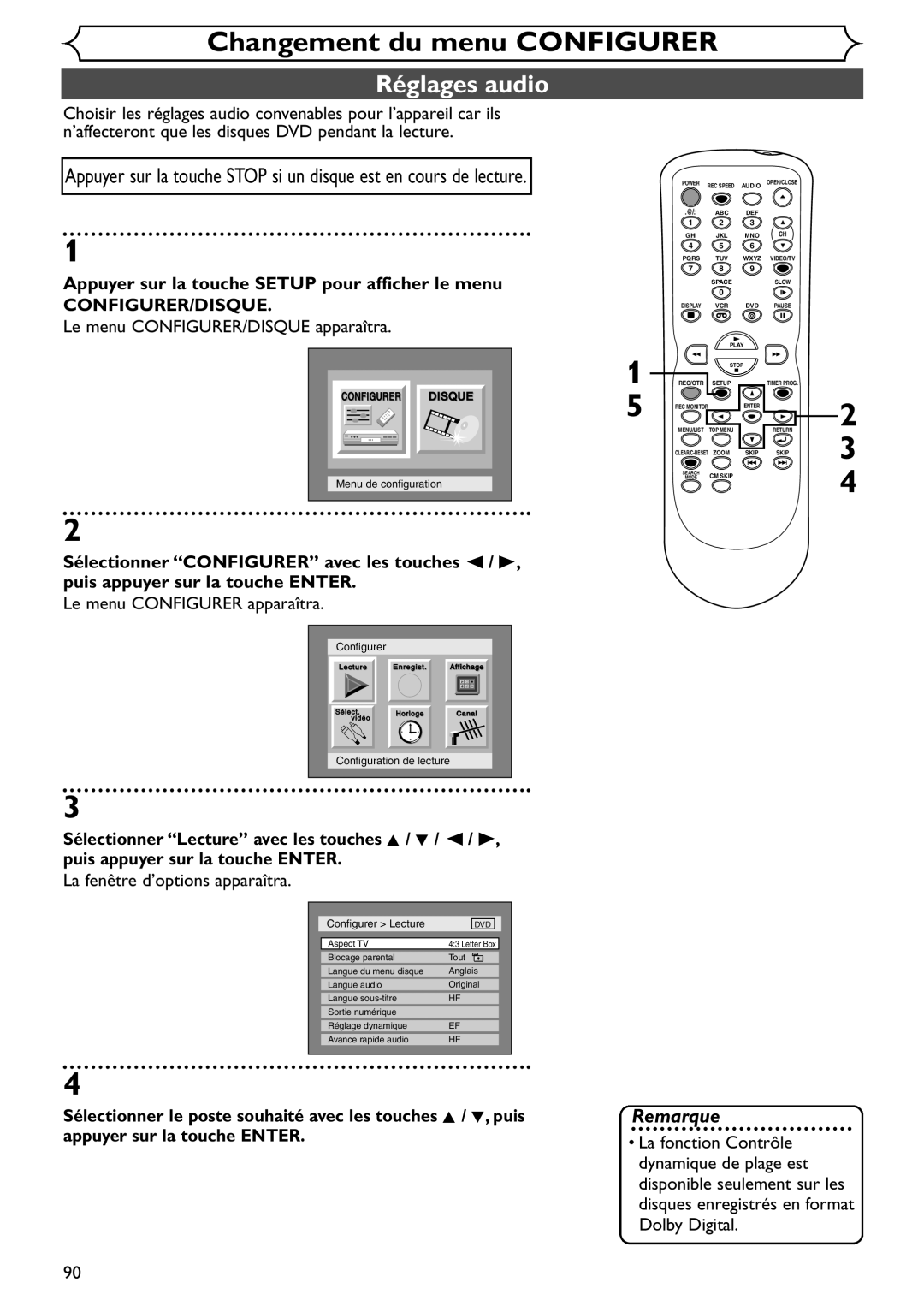 Emerson EDVR95E owner manual Réglages audio, Configurer Lecture 