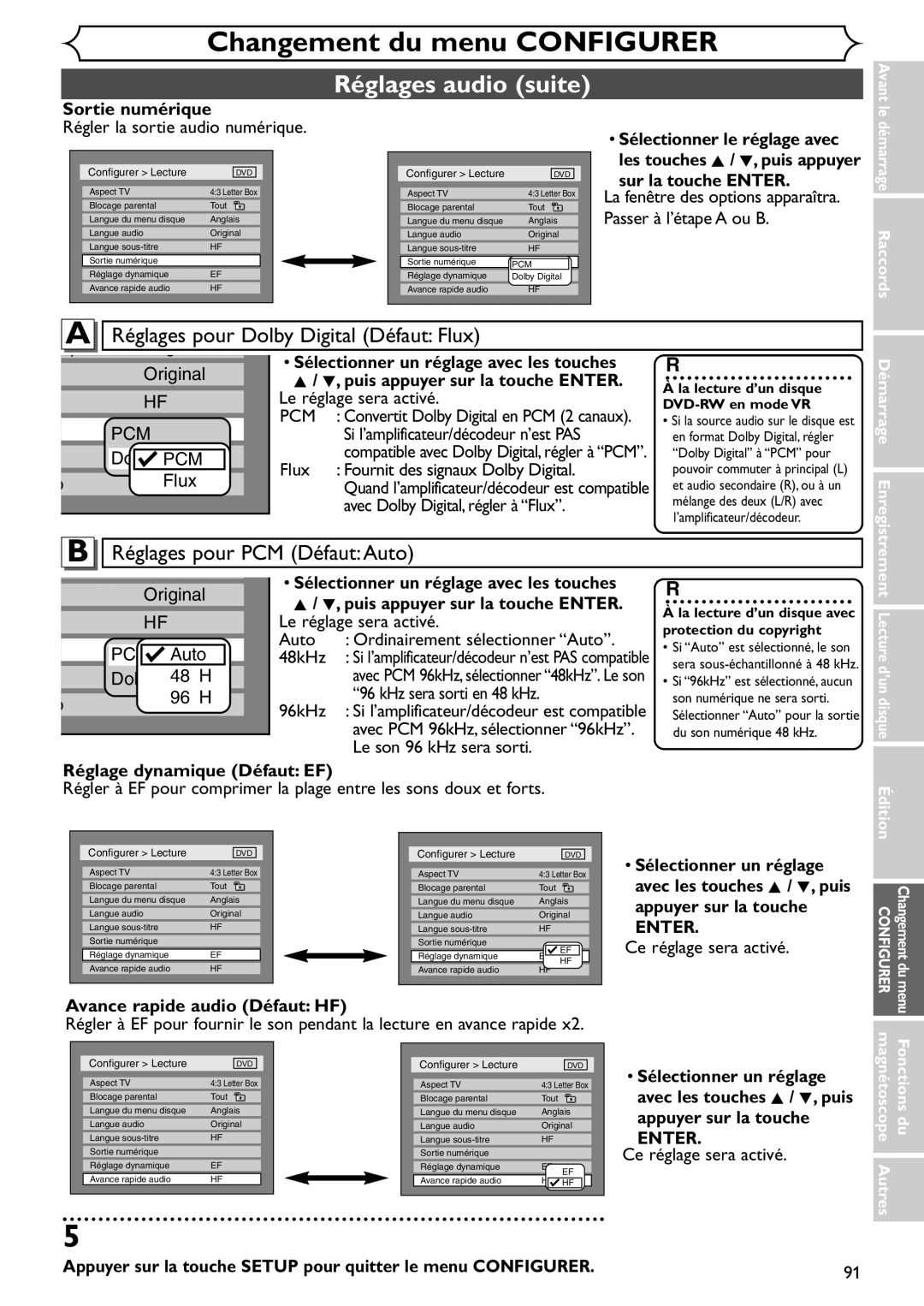 Emerson EDVR95E owner manual Réglages audio suite, Sortie numérique, Sélectionner un réglage avec les touches 