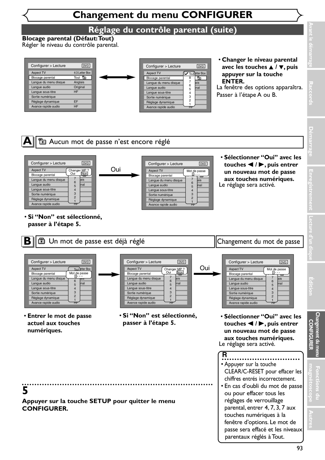 Emerson EDVR95E owner manual Réglage du contrôle parental suite, Blocage parental DéfautTout, Aux touches numériques 