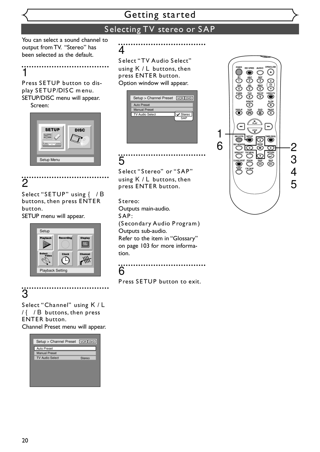 Emerson EDVR95E Selecting TV stereo or SAP, Option window will appear, Outputs main-audio, Secondary Audio Program 