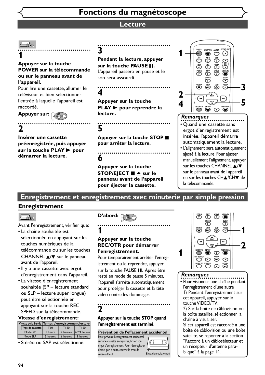 Emerson EDVR95E owner manual Fonctions du magnétoscope, Lecture, Vitesse d’enregistrement 