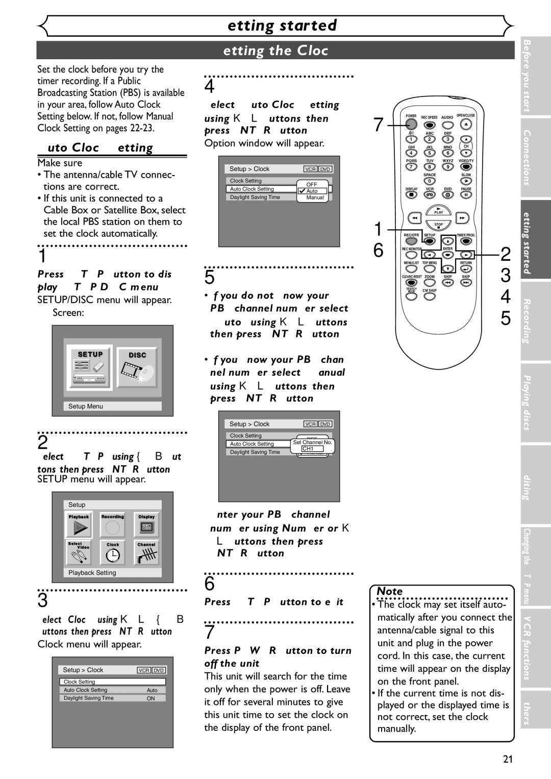 Emerson EDVR95E owner manual Setting the Clock, Auto Clock Setting, Select Setup using / B but 