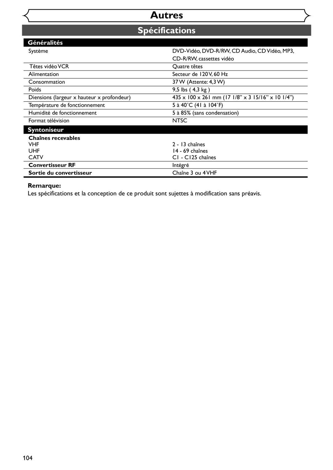 Emerson EDVR95E owner manual Spécifications, Chaînes recevables, Convertisseur RF, Sortie du convertisseur 