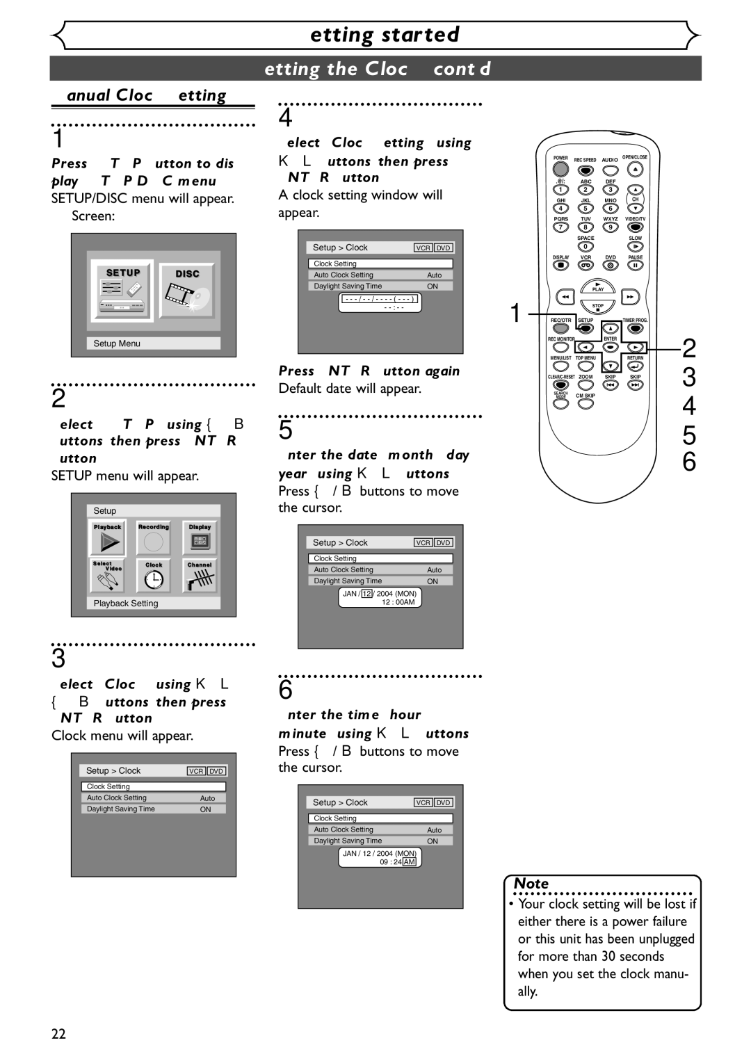 Emerson EDVR95E owner manual Setting the Clock cont’d, Manual Clock Setting 