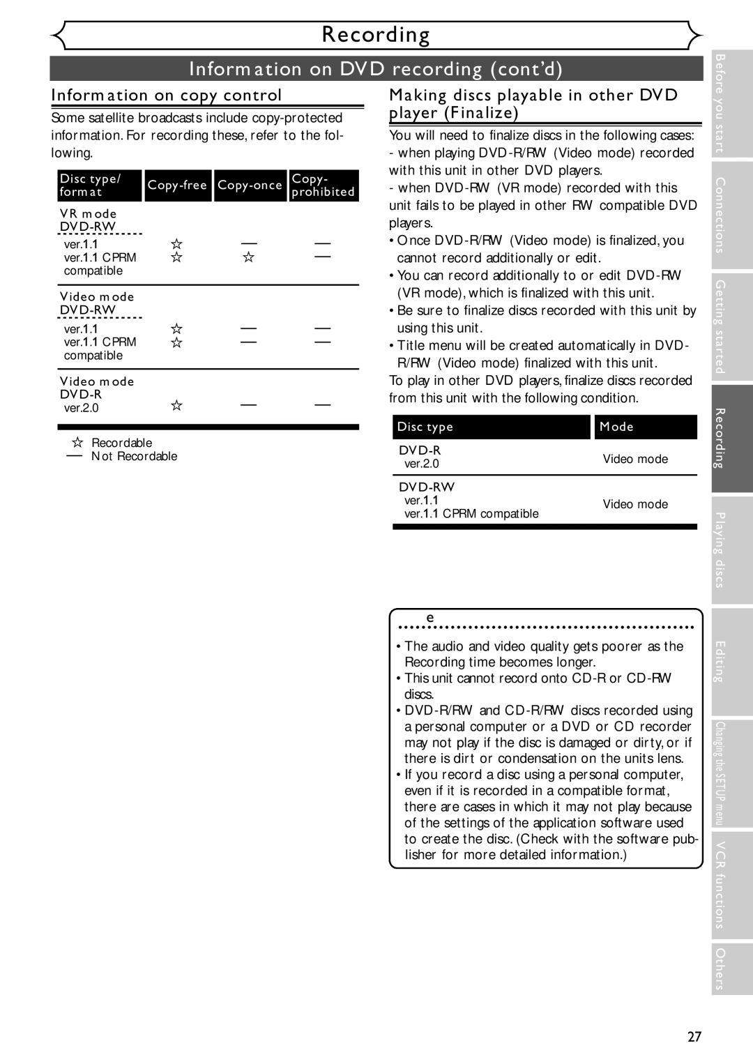 Emerson EDVR95E owner manual Information on DVD recording cont’d, Information on copy control 