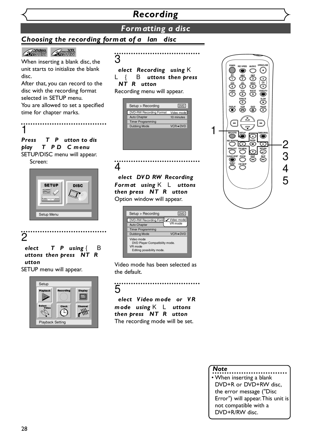 Emerson EDVR95E Formatting a disc, Choosing the recording format of a blank disc, SETUP/DISC menu will appear Screen 