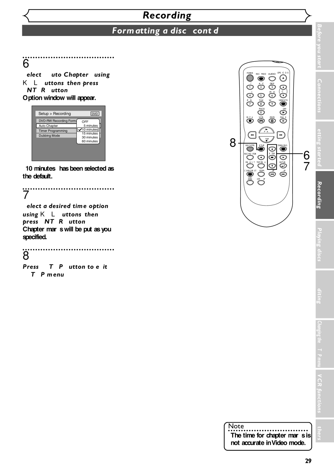 Emerson EDVR95E owner manual Formatting a disc cont’d, Select Auto Chapter using, Minutes has been selected as, Default 