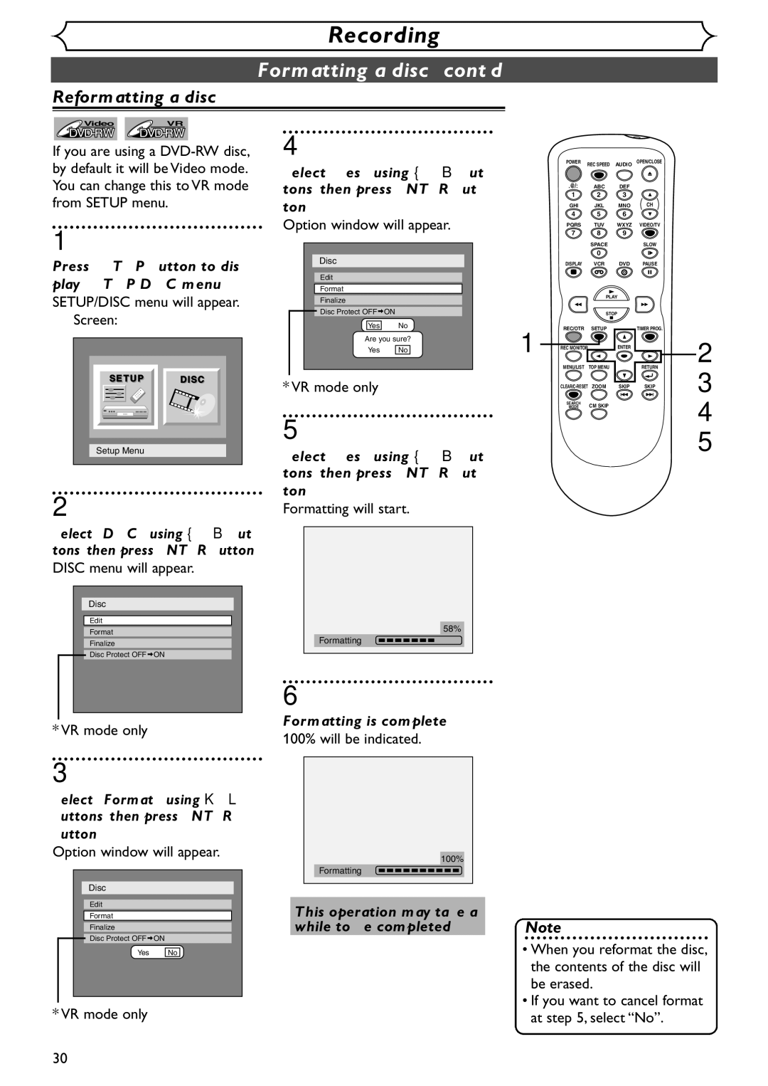 Emerson EDVR95E Reformatting a disc, Select Yes using / B but- tons, then press Enter but- ton, Formatting is complete 