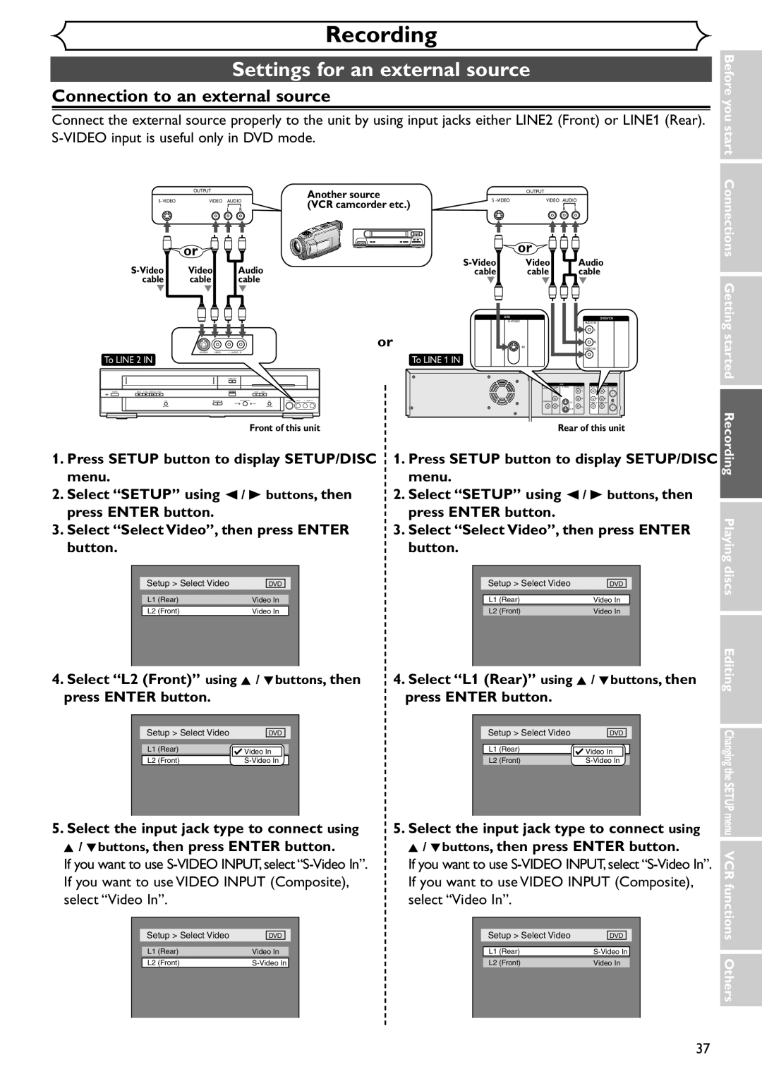 Emerson EDVR95E Settings for an external source, Connection to an external source, Connections Getting, Started Recording 