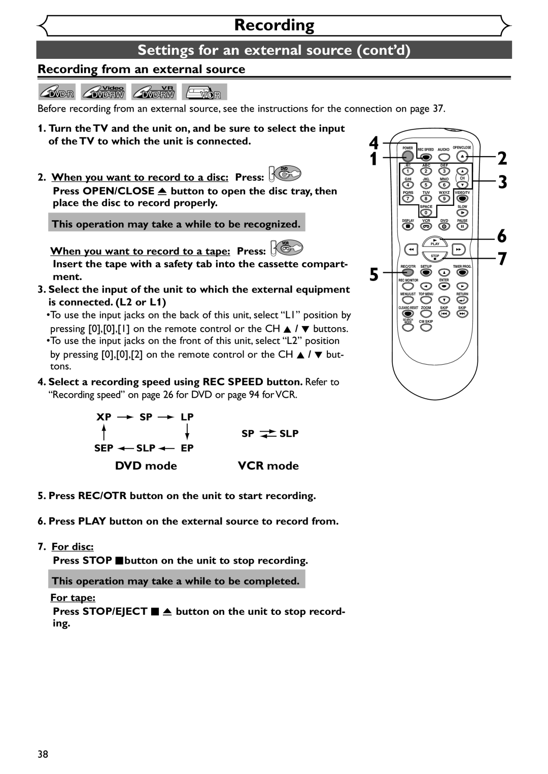 Emerson EDVR95E owner manual Settings for an external source cont’d, Recording from an external source, Xp Sp Lp 