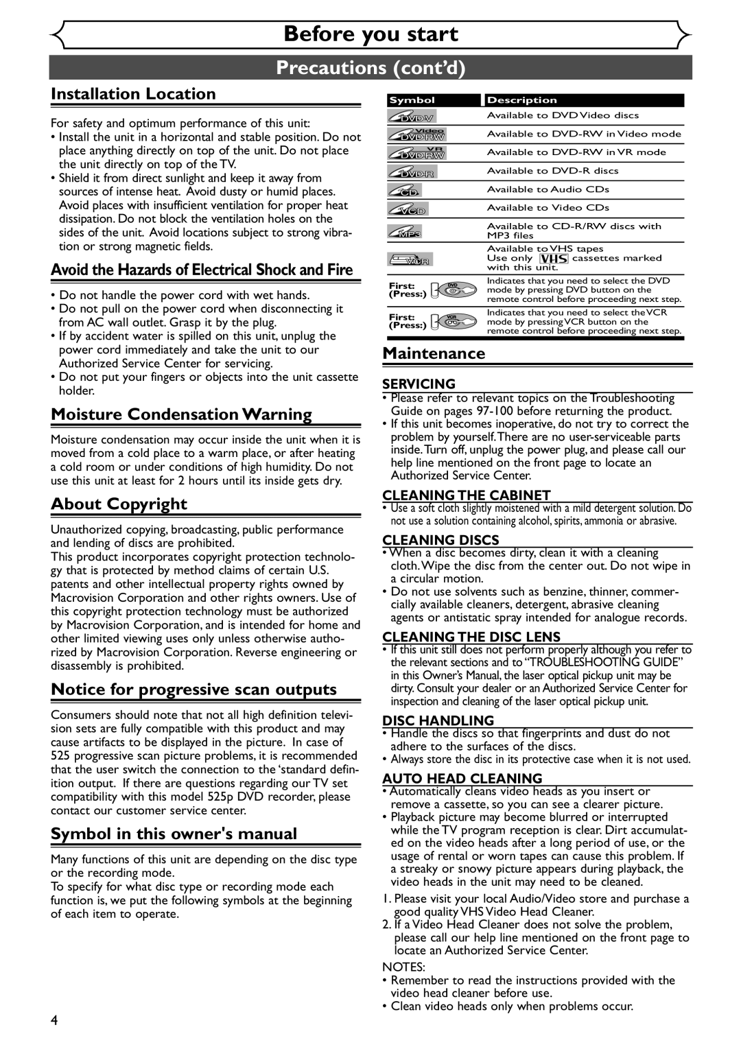 Emerson EDVR95E owner manual Installation Location, Moisture Condensation Warning, About Copyright, Maintenance 