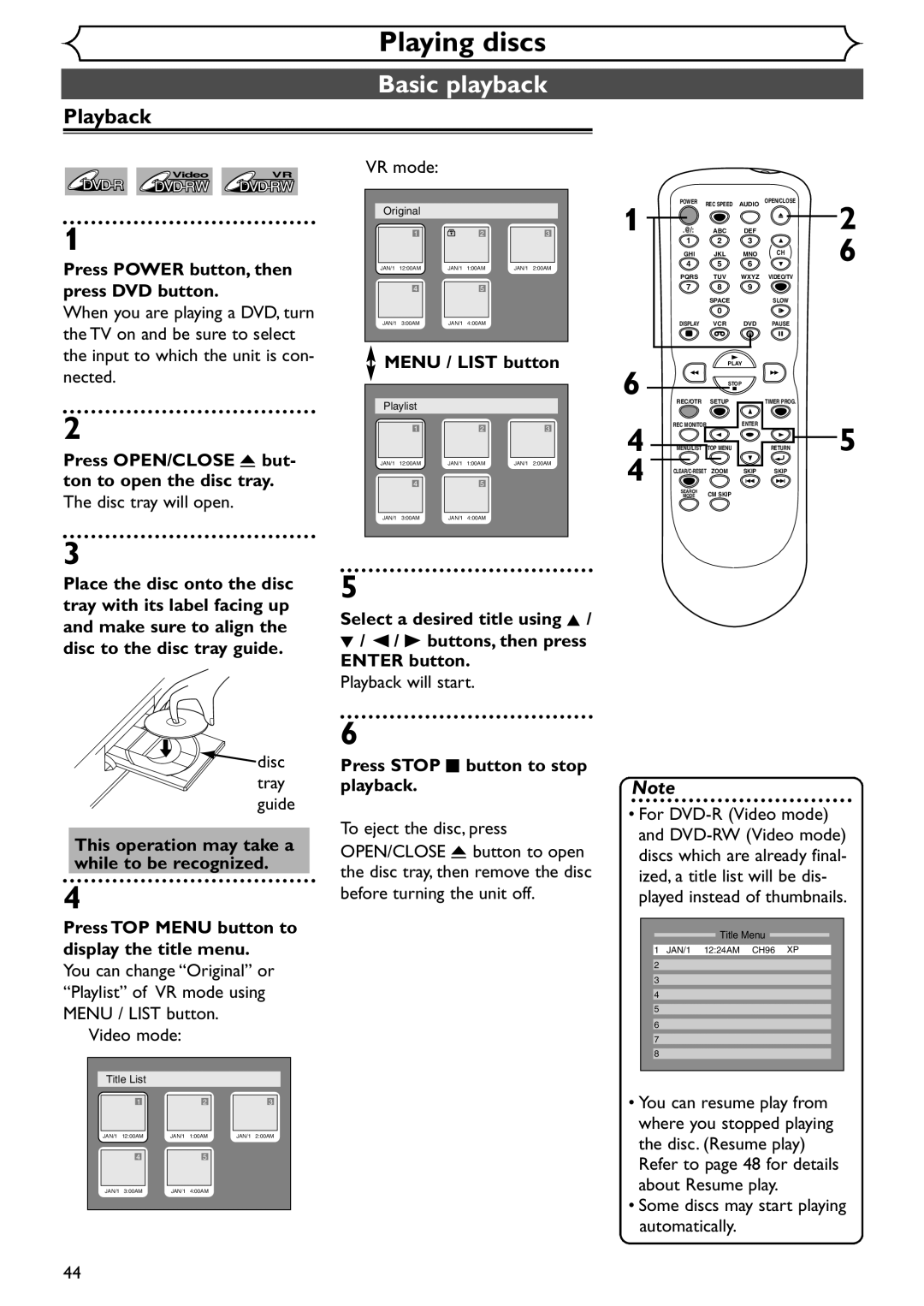 Emerson EDVR95E owner manual Basic playback, Playback 