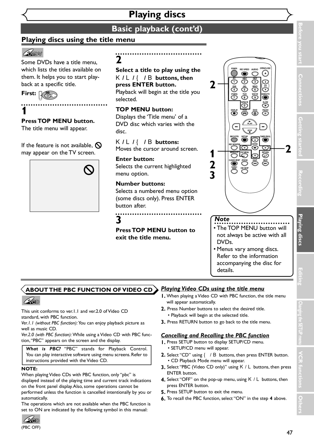 Emerson EDVR95E owner manual Playing discs using the title menu, First DVD Press TOP Menu button 