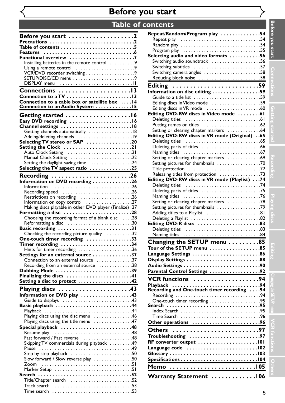 Emerson EDVR95E owner manual Table of contents 