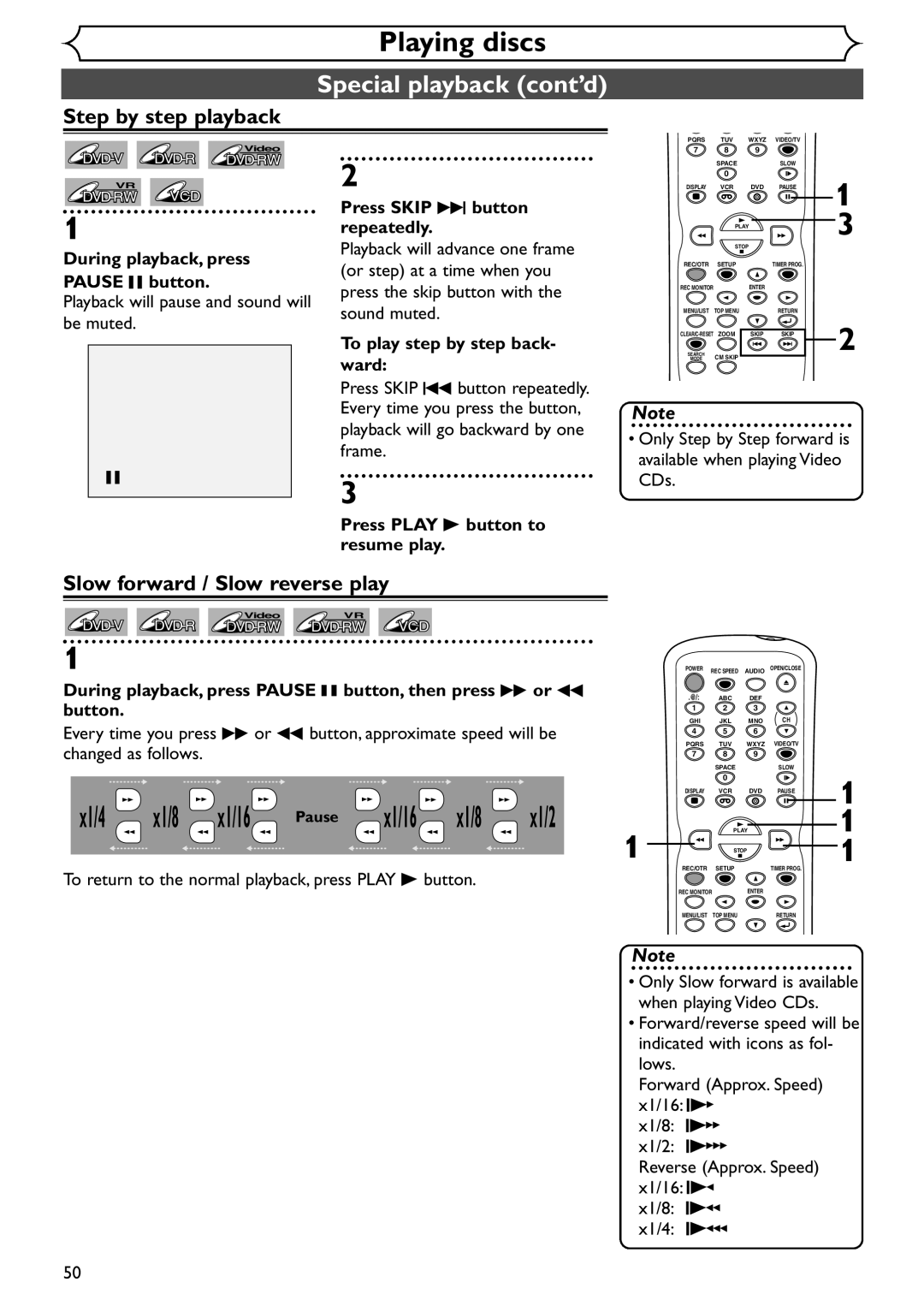 Emerson EDVR95E owner manual Step by step playback, Slow forward / Slow reverse play, Press Skip G button repeatedly 