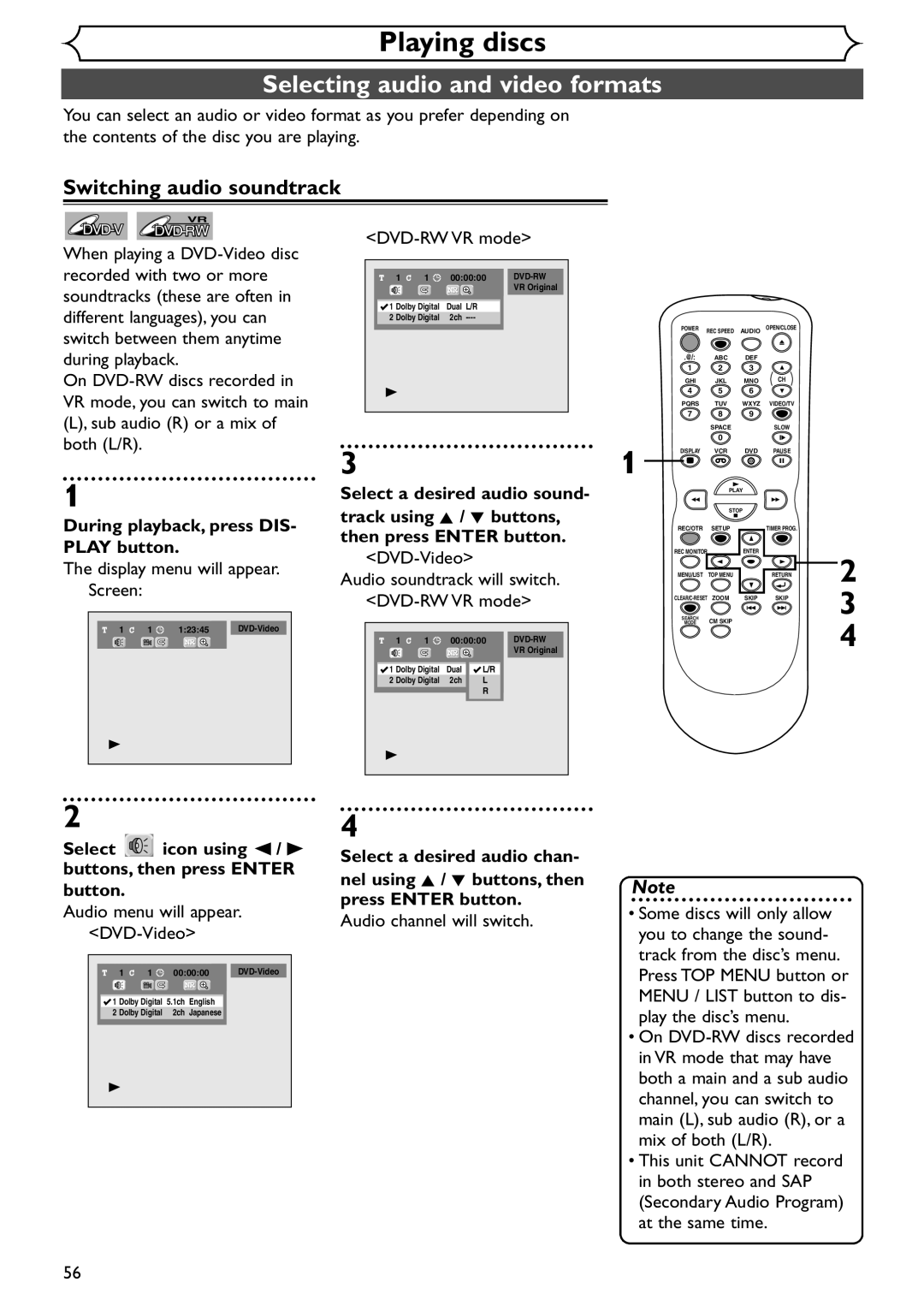 Emerson EDVR95E Selecting audio and video formats, Switching audio soundtrack, Audio menu will appear. DVD-Video 