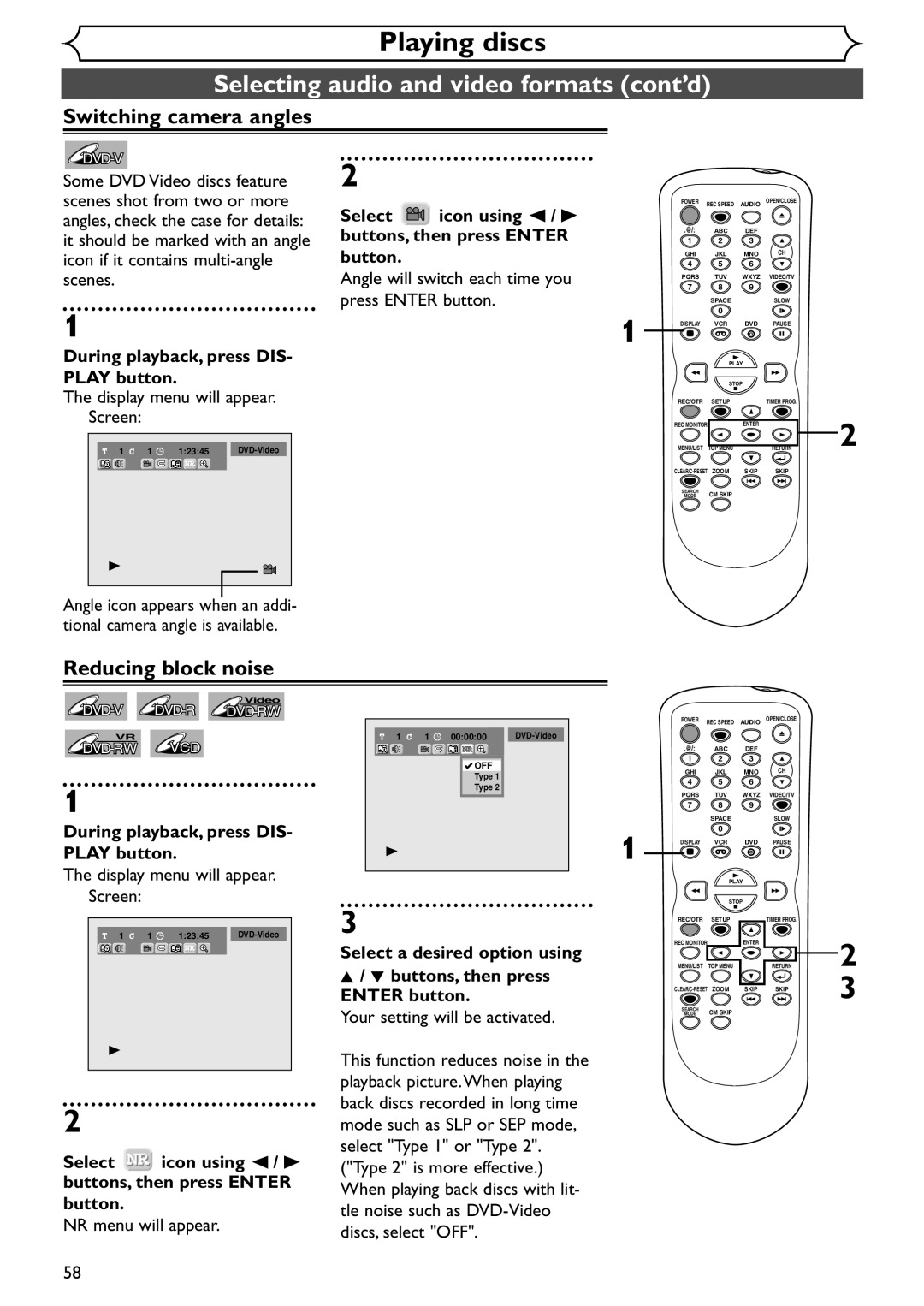 Emerson EDVR95E owner manual Switching camera angles, Reducing block noise, Display menu will appear 