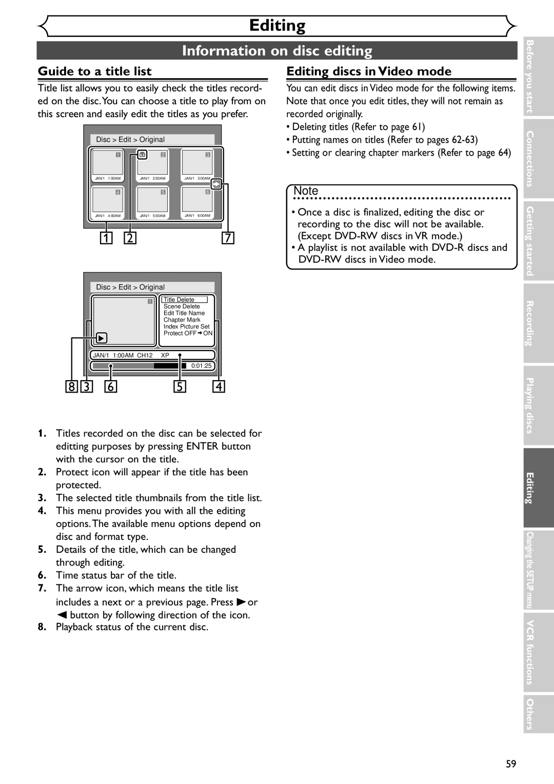 Emerson EDVR95E owner manual Information on disc editing, Guide to a title list, Editing discs in Video mode 