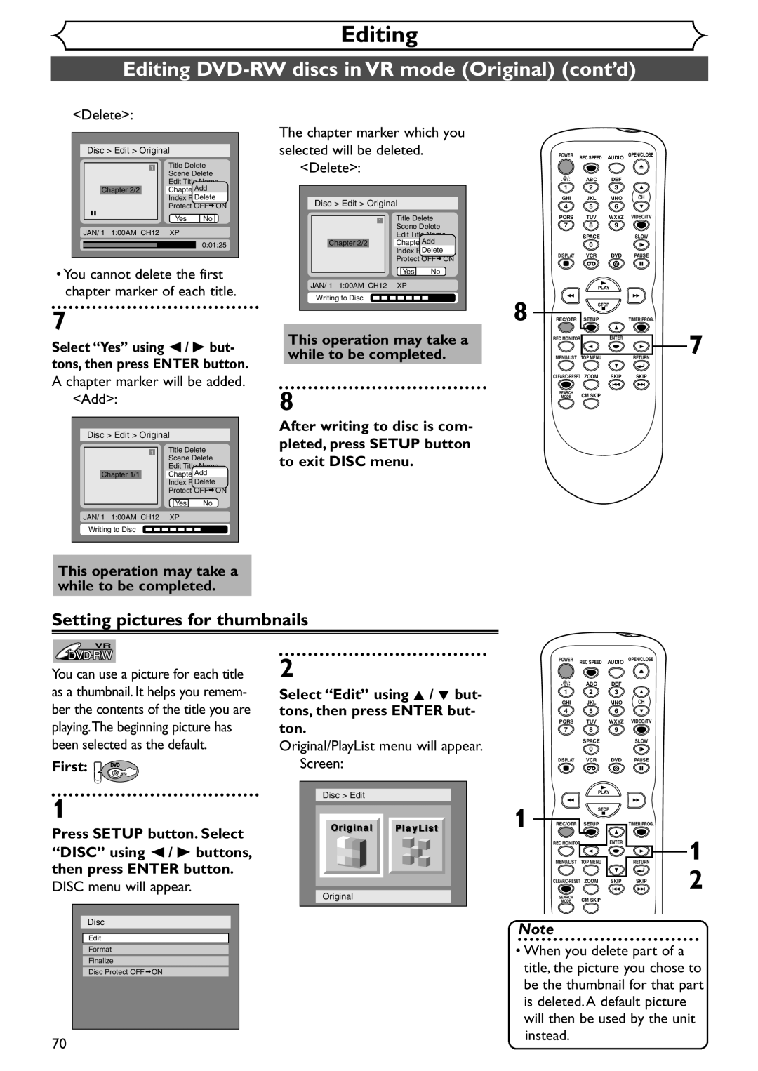 Emerson EDVR95E owner manual Setting pictures for thumbnails, Selected will be deleted, Delete, While to be completed 