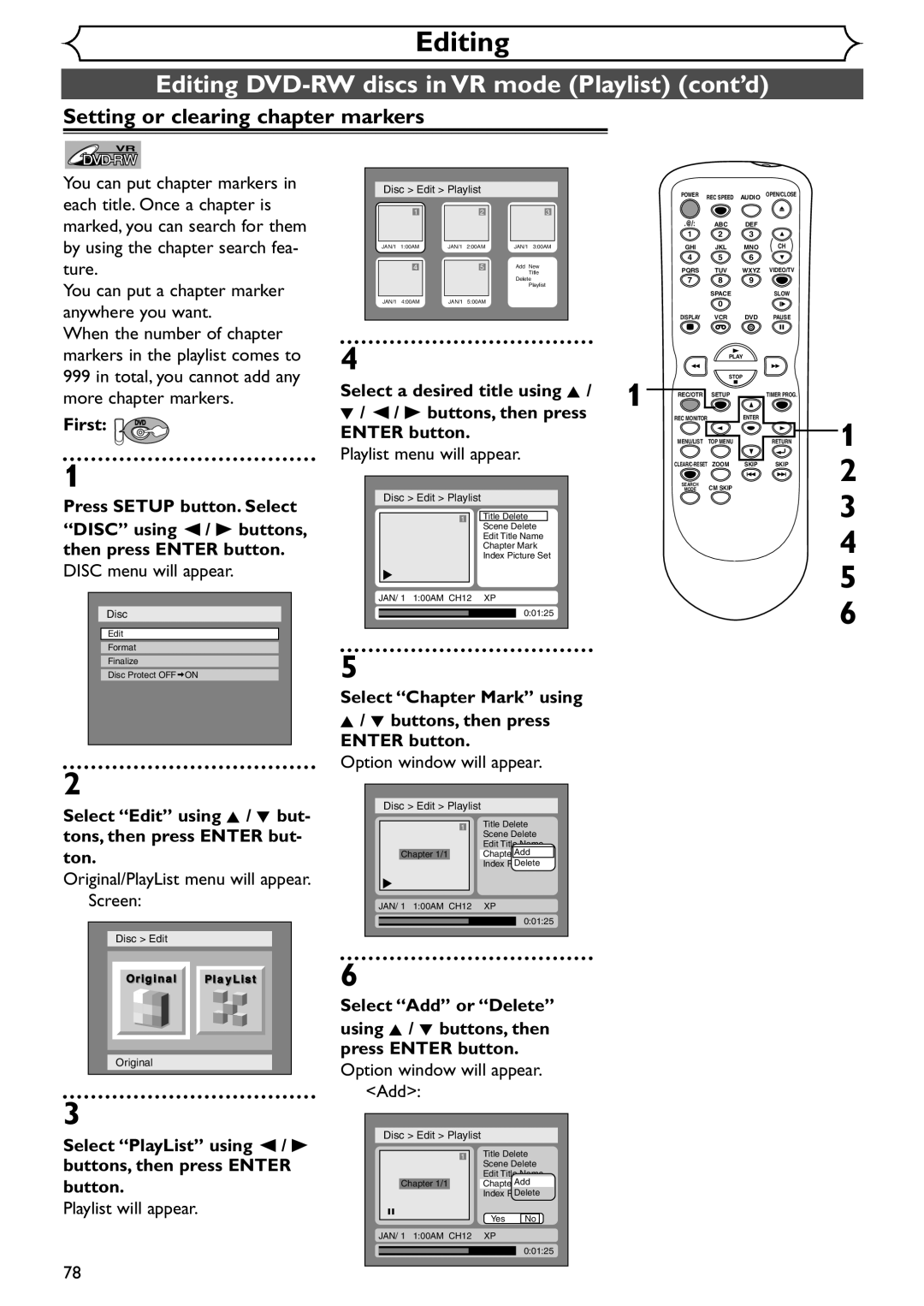 Emerson EDVR95E owner manual Setting or clearing chapter markers, More chapter markers 