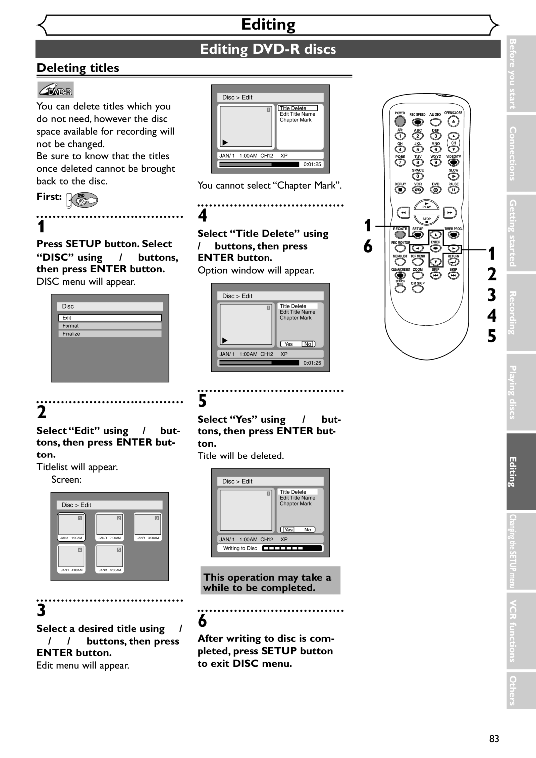 Emerson EDVR95E owner manual Editing DVD-R discs, You cannot select Chapter Mark, Select Title Delete using K 