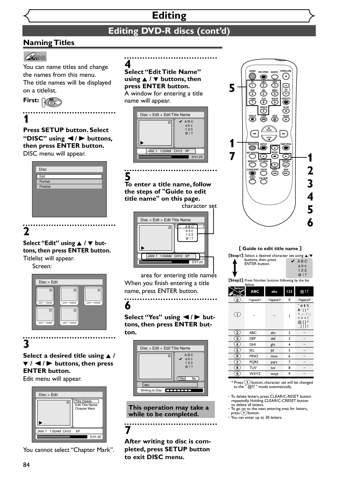 Emerson EDVR95E owner manual Editing DVD-R discs cont’d, Press Setup button. Select, Disc using / B buttons 