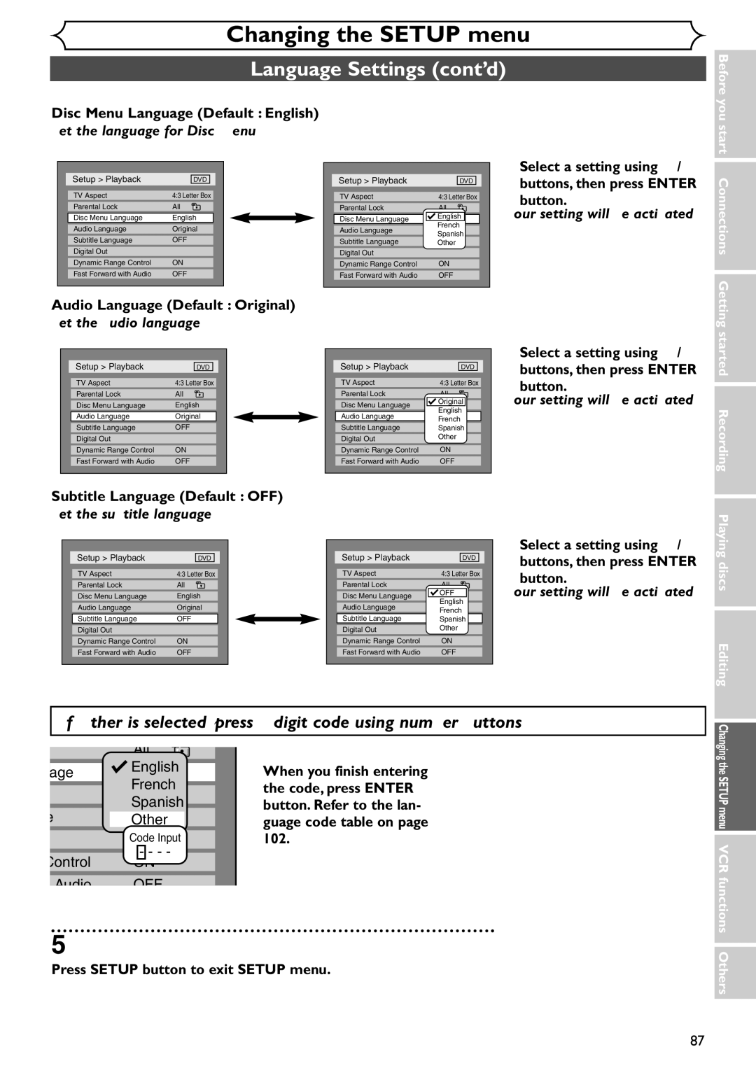 Emerson EDVR95E owner manual Language Settings cont’d 