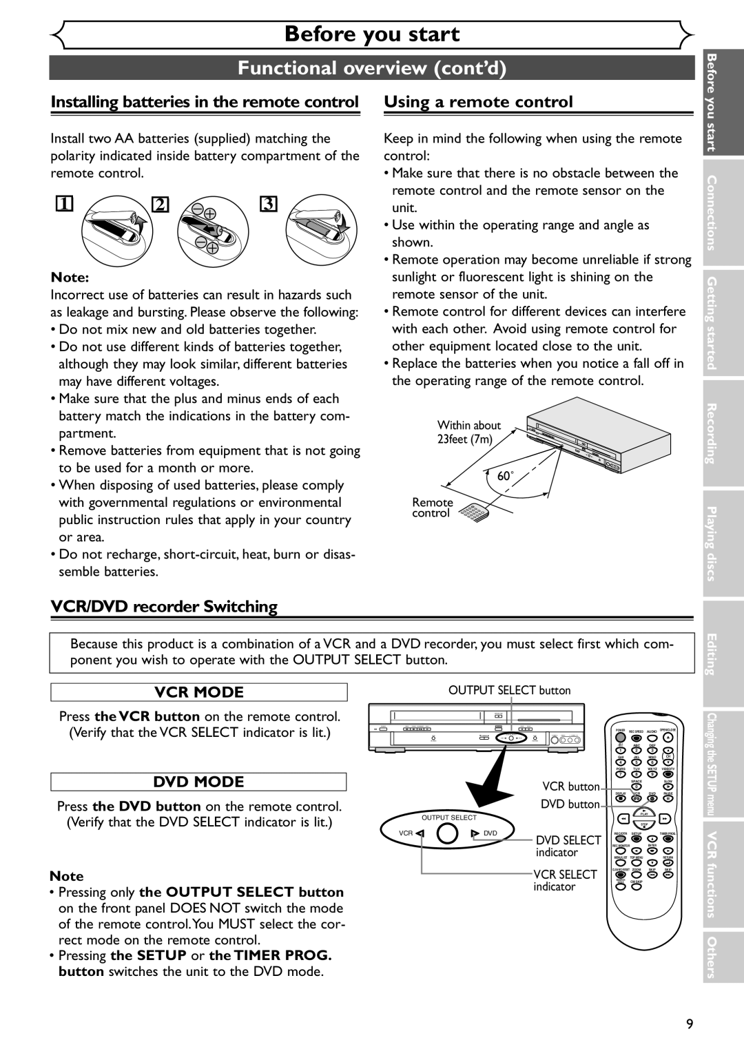 Emerson EDVR95E owner manual VCR/DVD recorder Switching, Start Connections Getting started Recording Playing discs, Editing 