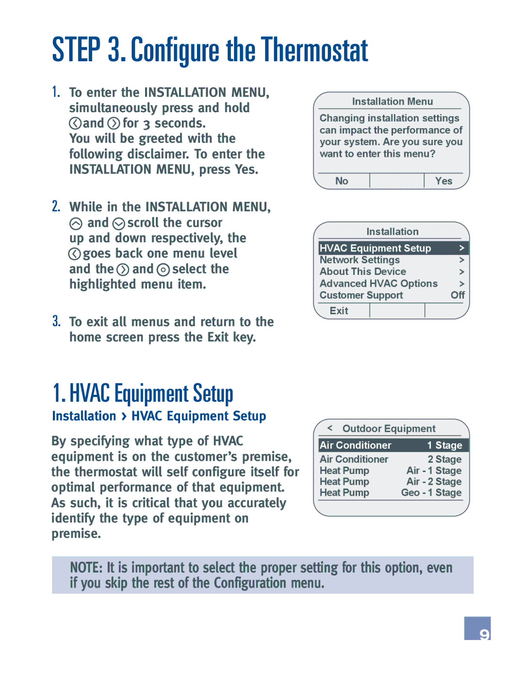 Emerson EE542-1Z installation manual Configure the Thermostat, Installation Hvac Equipment Setup 