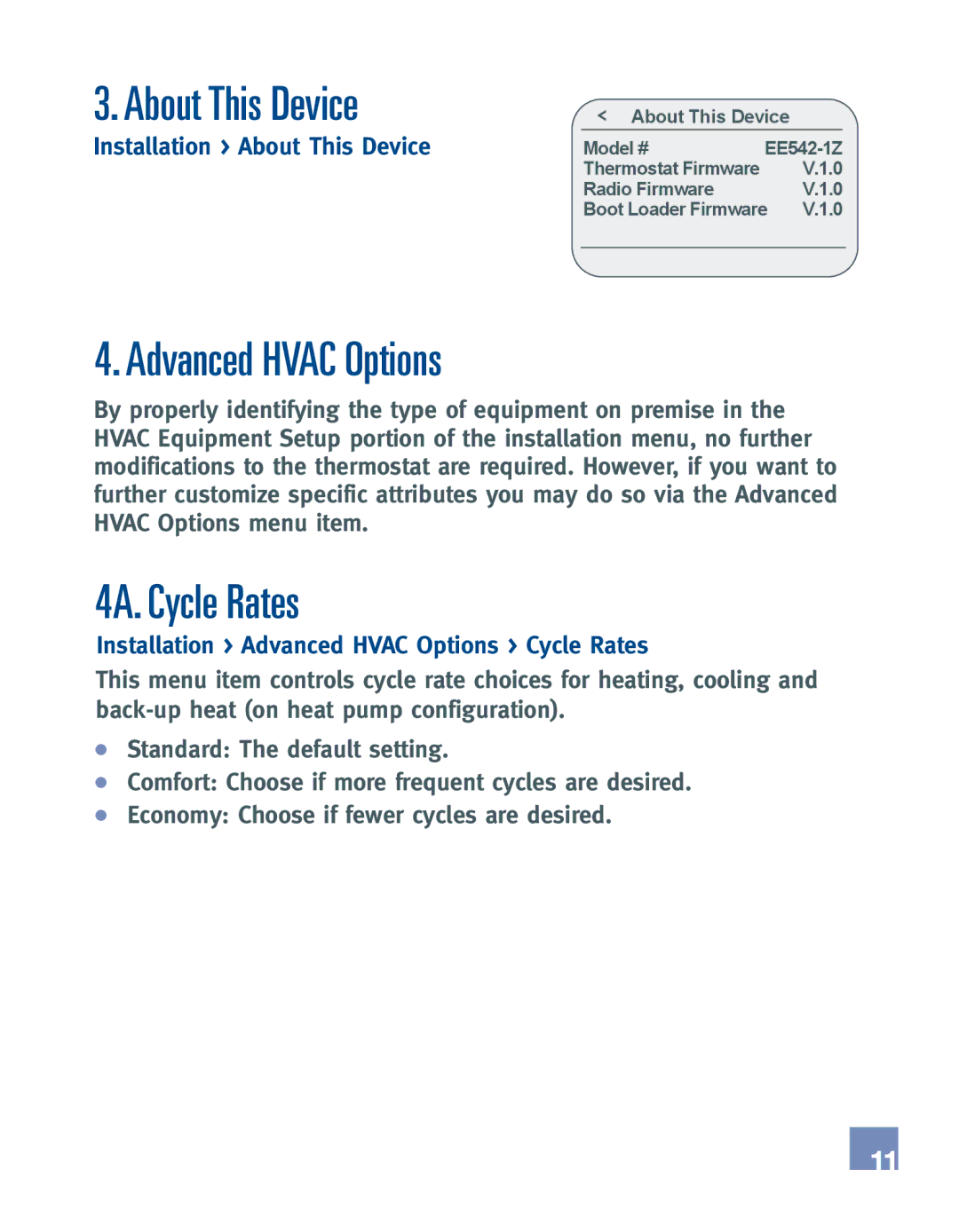 Emerson EE542-1Z 4A. Cycle Rates, Installation About This Device, Installation Advanced Hvac Options Cycle Rates 