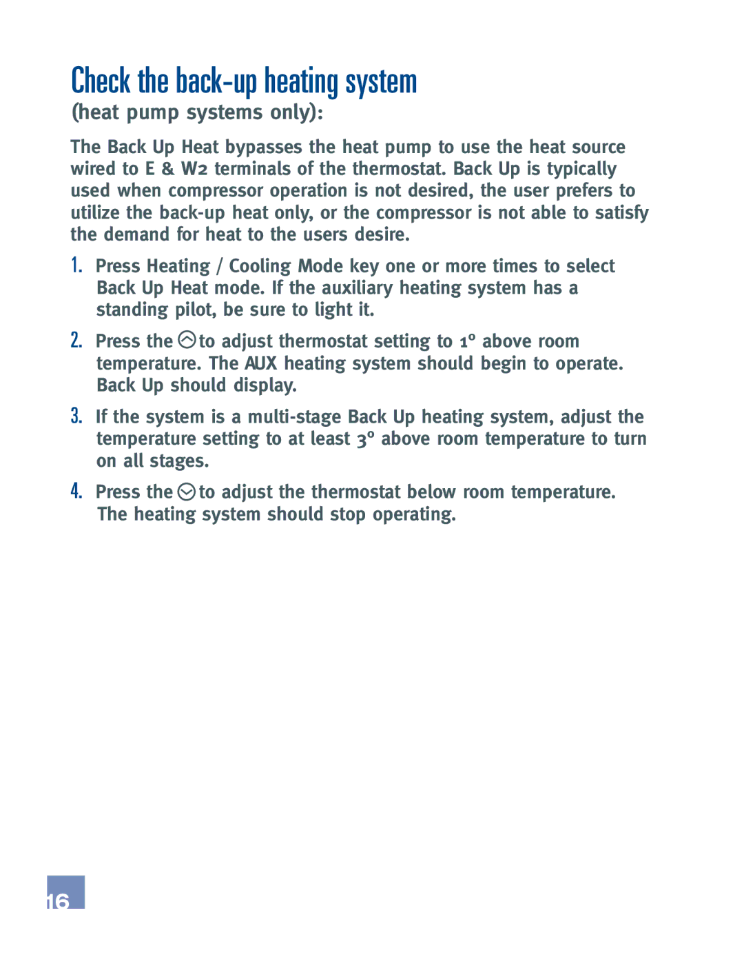 Emerson EE542-1Z installation manual Check the back-up heating system, Heat pump systems only 