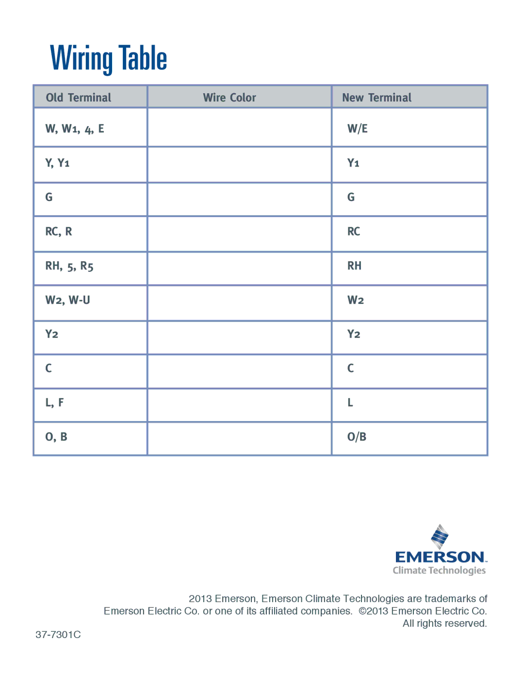 Emerson EE542-1Z installation manual Wiring Table, Rc, R 