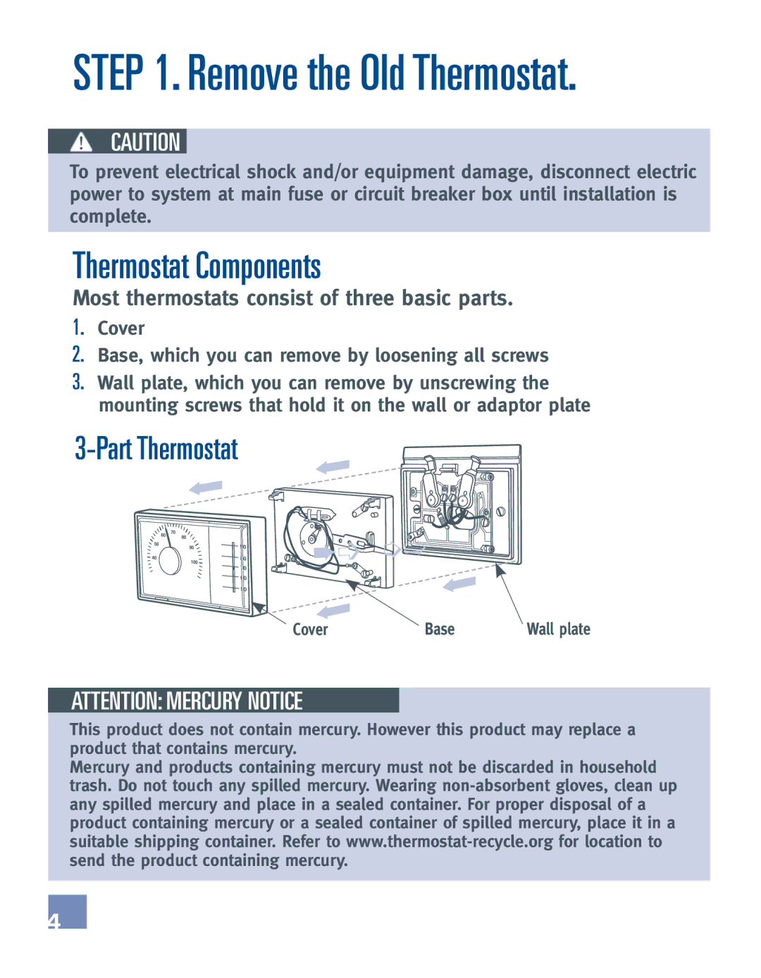 Emerson EE542-1Z installation manual Remove the Old Thermostat, Thermostat Components 