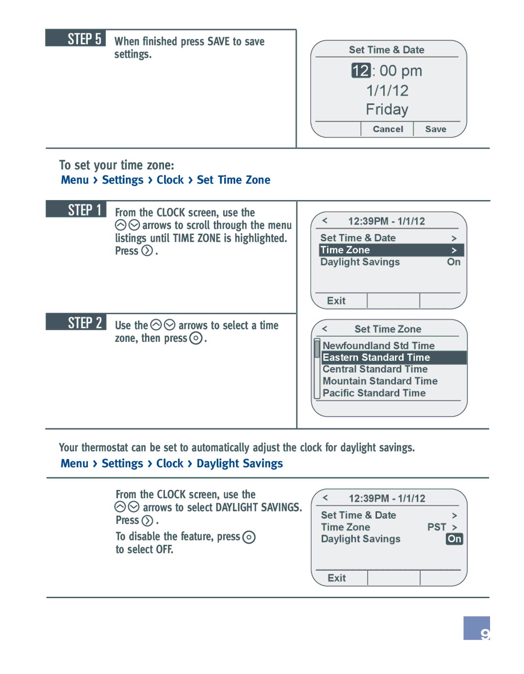 Emerson EE542-1Z To set your time zone, When finished press Save to save settings, Menu Settings Clock Set Time Zone 