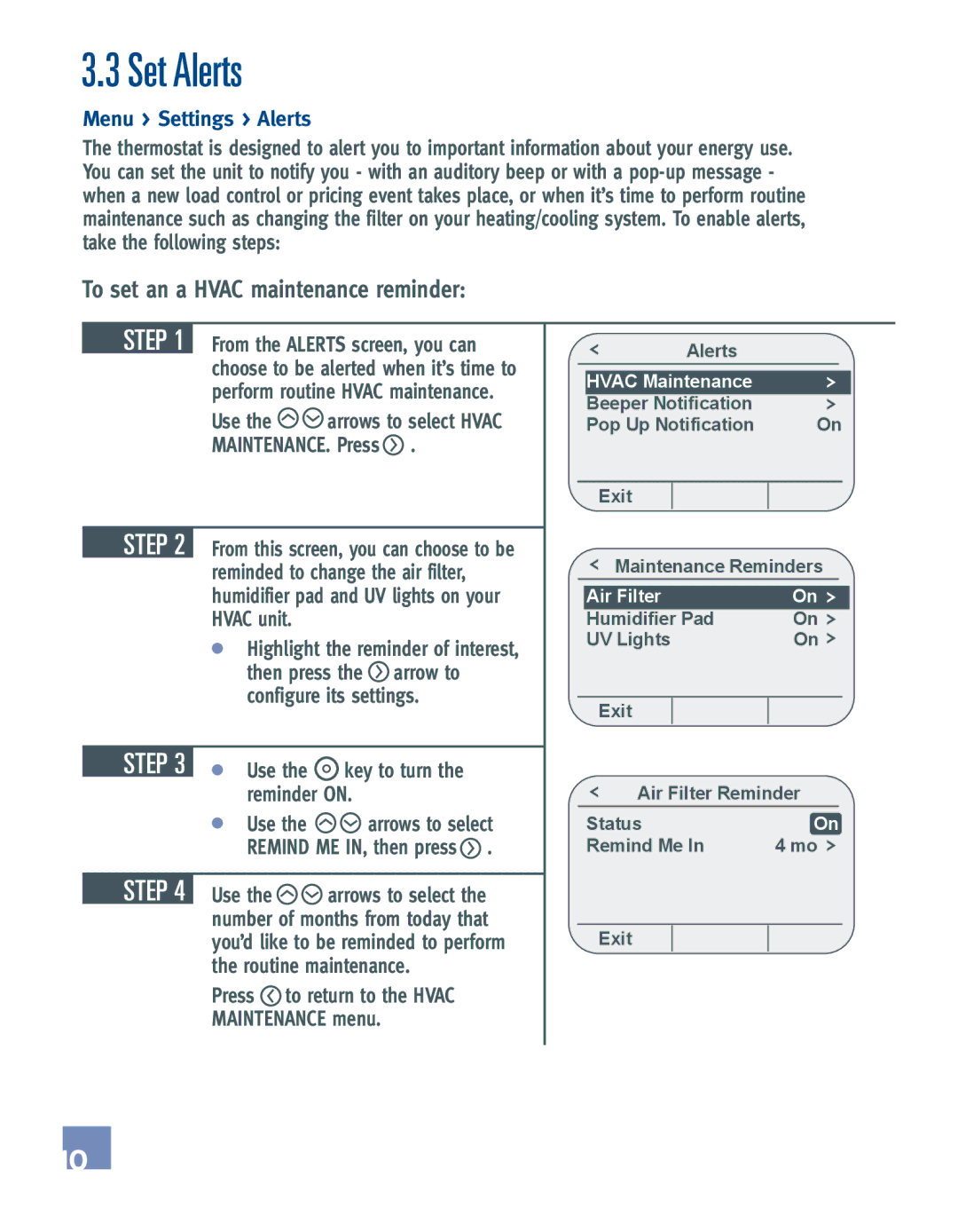 Emerson EE542-1Z user manual Set Alerts, To set an a Hvac maintenance reminder, Menu Settings Alerts, Hvac Maintenance 