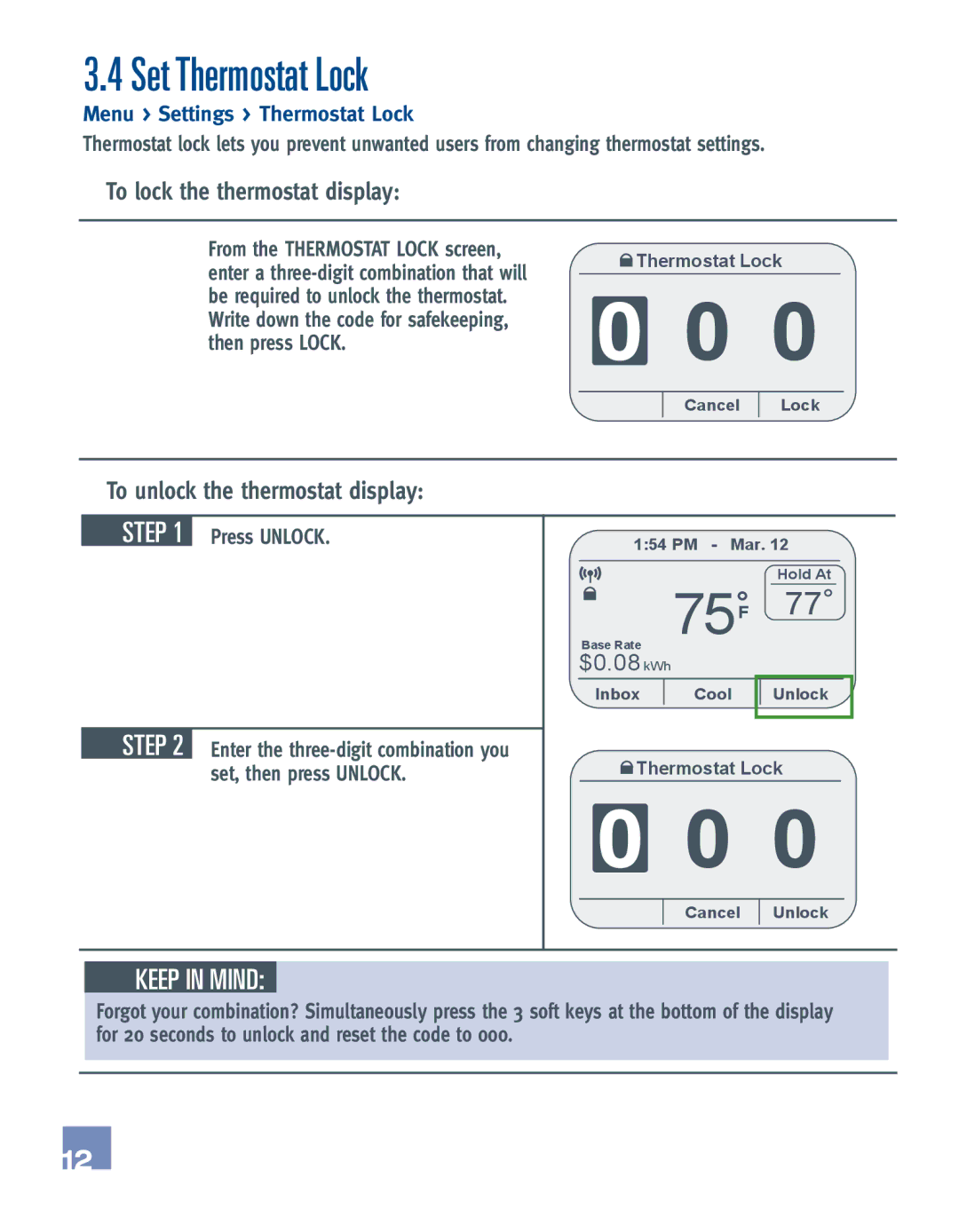 Emerson EE542-1Z Set Thermostat Lock, To lock the thermostat display, To unlock the thermostat display, Press Unlock 