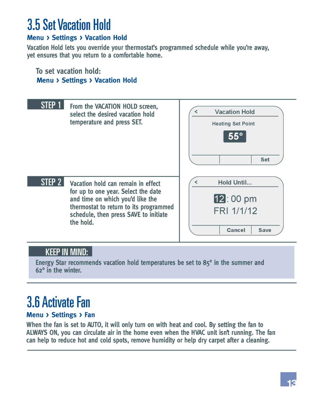 Emerson EE542-1Z Set Vacation Hold, Activate Fan, To set vacation hold, Menu Settings Vacation Hold, Menu Settings Fan 