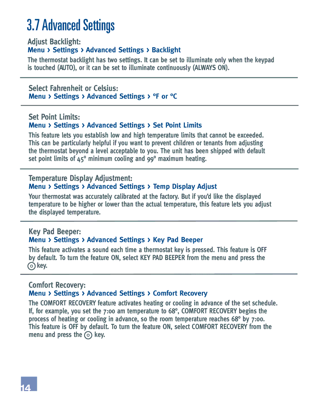 Emerson EE542-1Z user manual Advanced Settings 