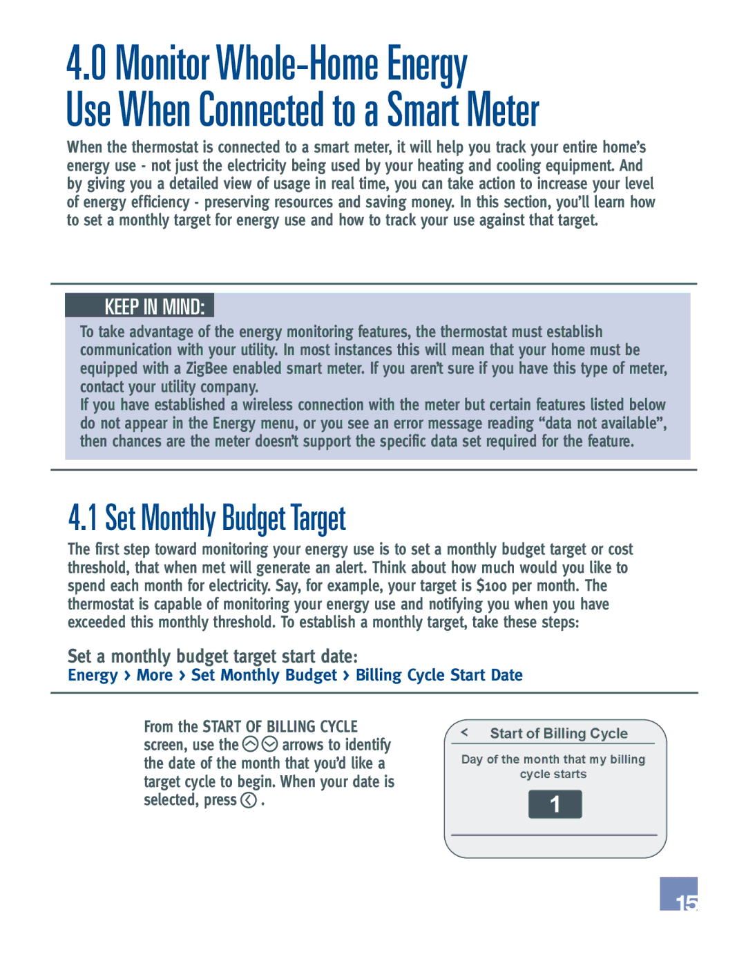 Emerson EE542-1Z Set Monthly Budget Target, Set a monthly budget target start date, From the Start of Billing Cycle 