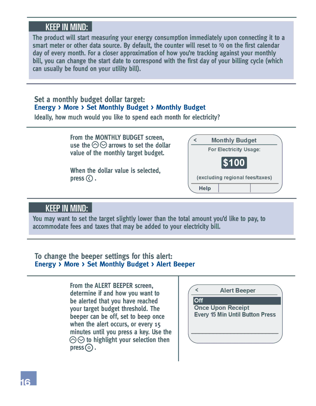 Emerson EE542-1Z user manual Set a monthly budget dollar target, To change the beeper settings for this alert 