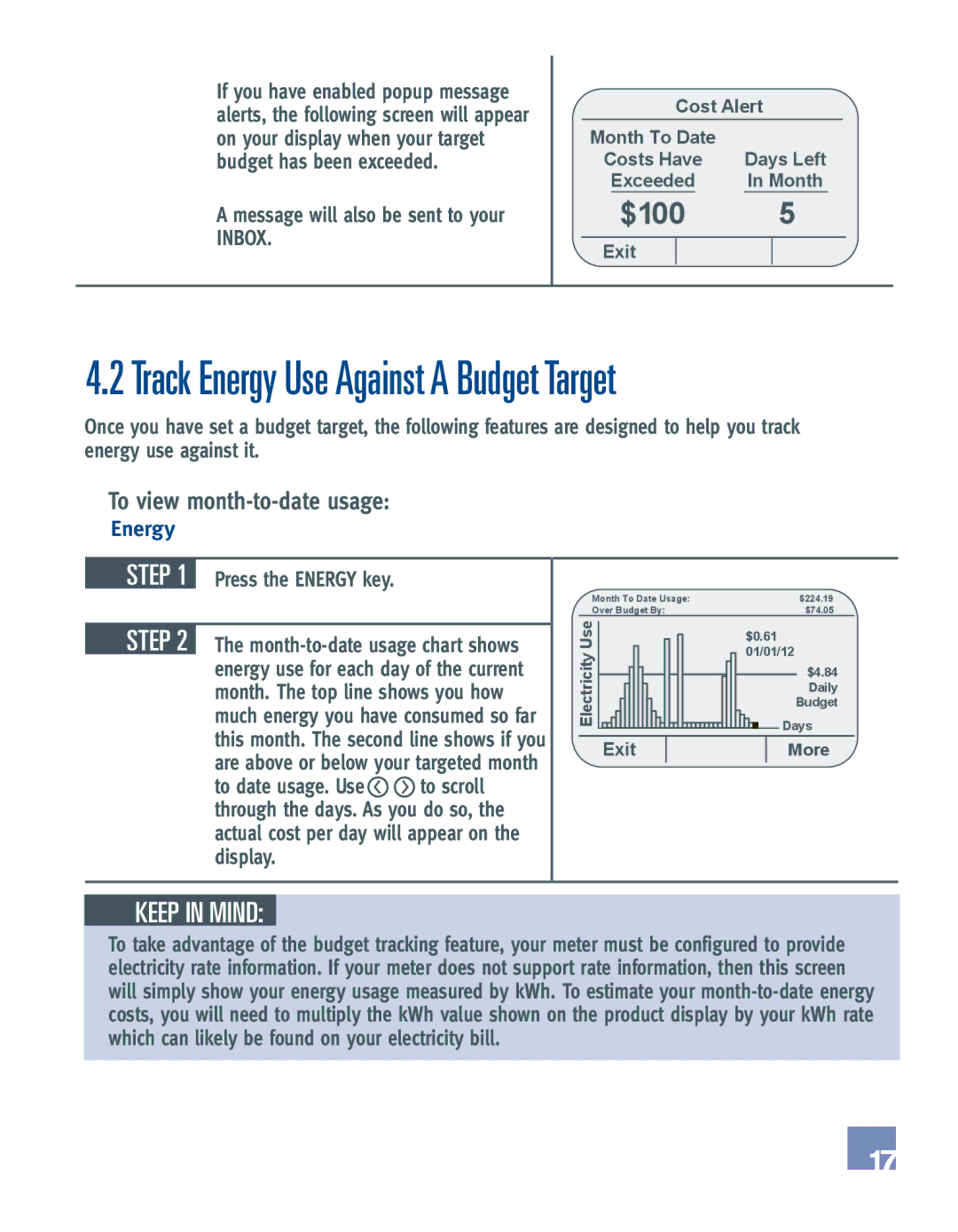 Emerson EE542-1Z user manual To view month-to-date usage, Press the Energy key 