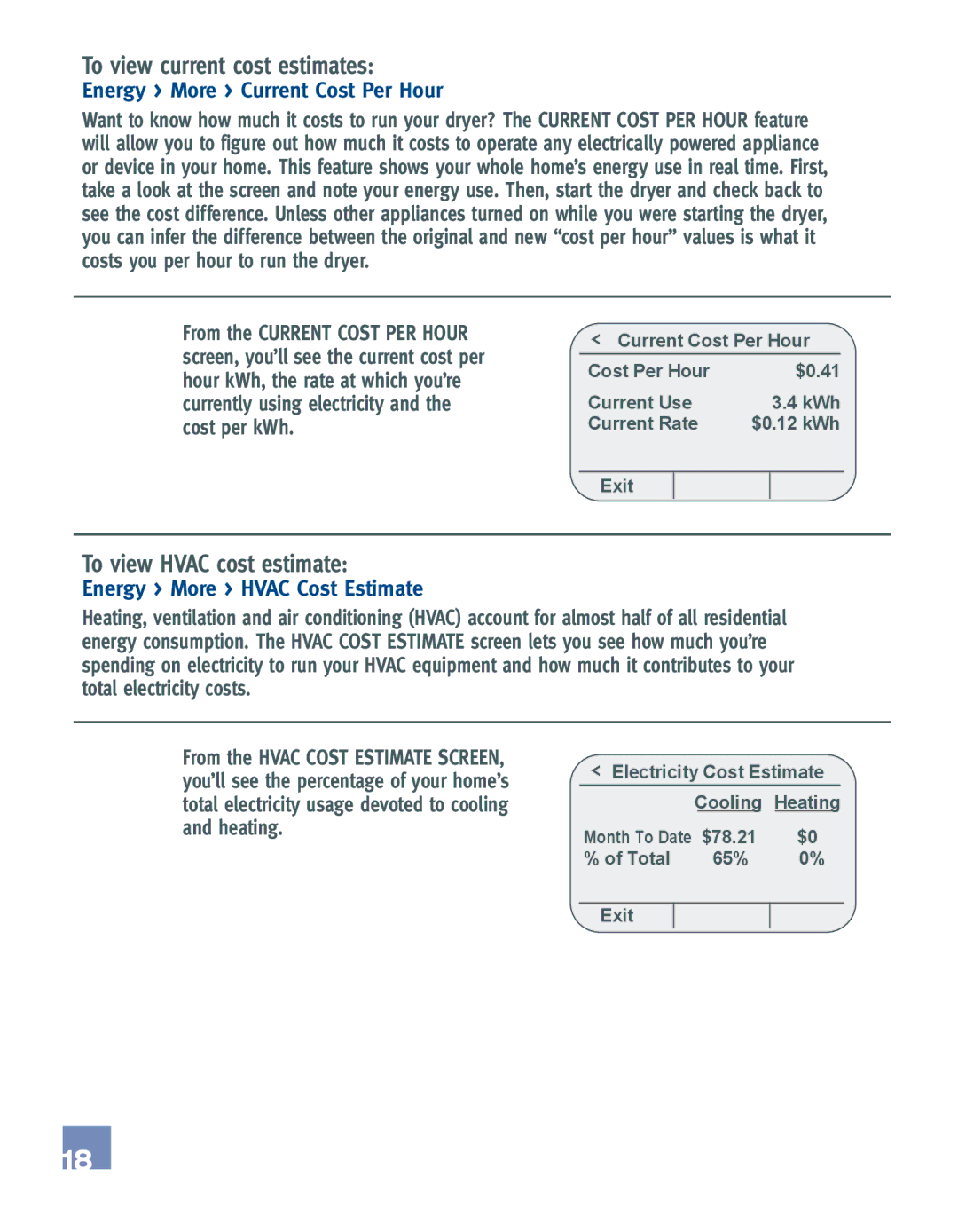 Emerson EE542-1Z user manual To view current cost estimates, To view Hvac cost estimate, Energy More Current Cost Per Hour 