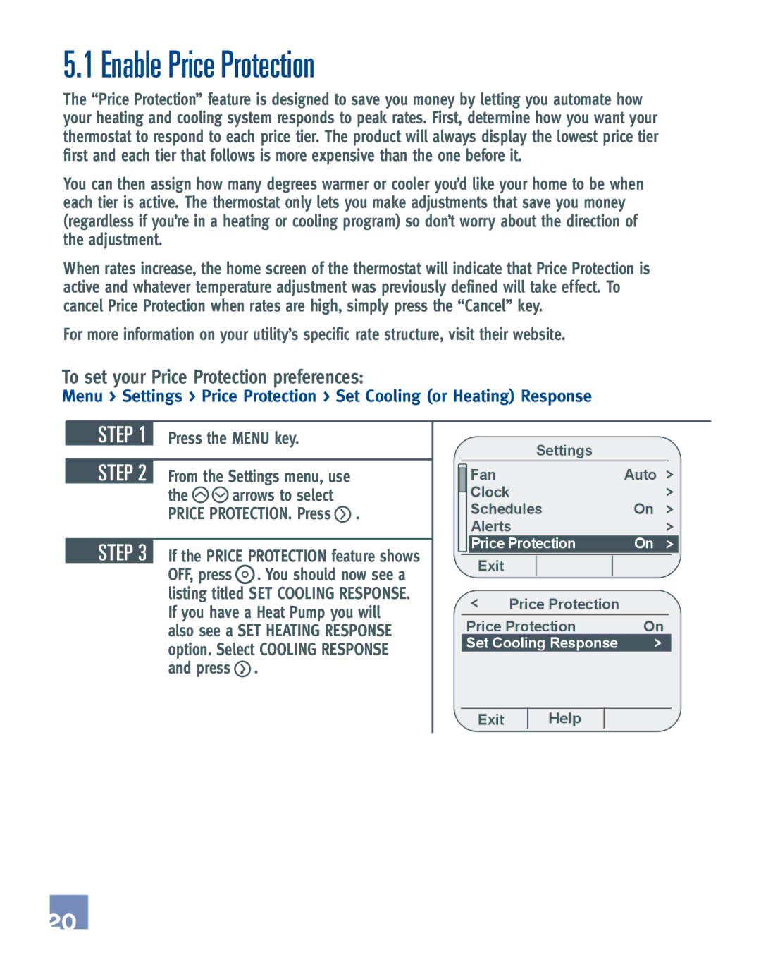 Emerson EE542-1Z user manual Enable Price Protection, To set your Price Protection preferences, Set Cooling Response 