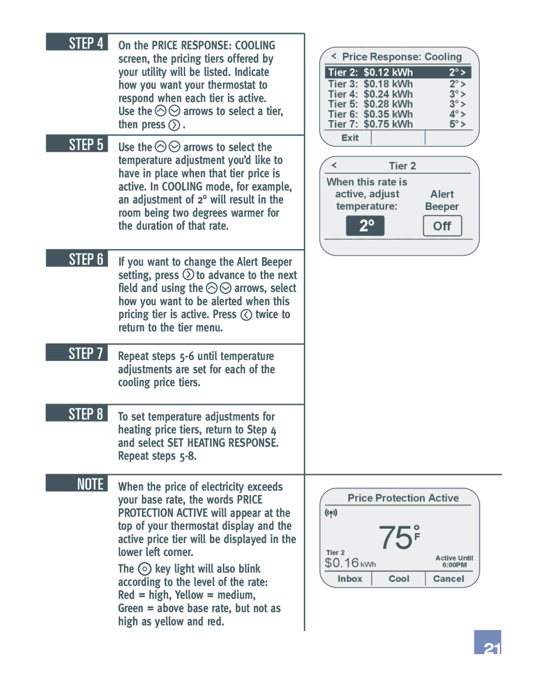 Emerson EE542-1Z Use Arrows to select, Off, Field and using, Twice to, Cooling price tiers, Lower left corner 