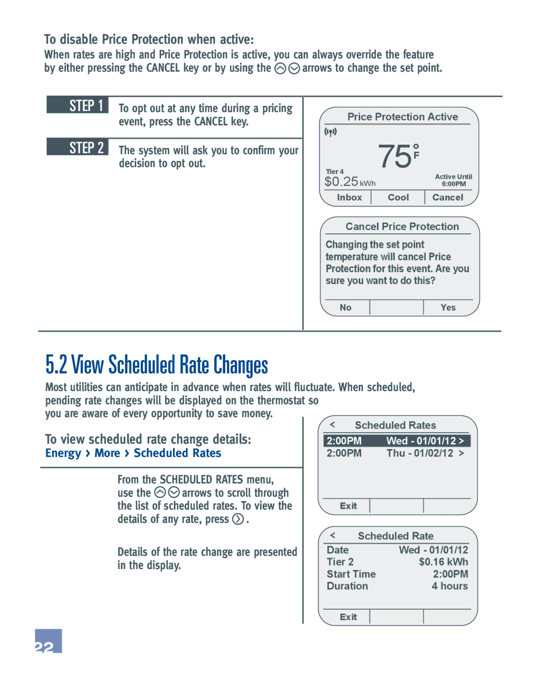 Emerson EE542-1Z user manual View Scheduled Rate Changes, To disable Price Protection when active, $0.25 kWh 