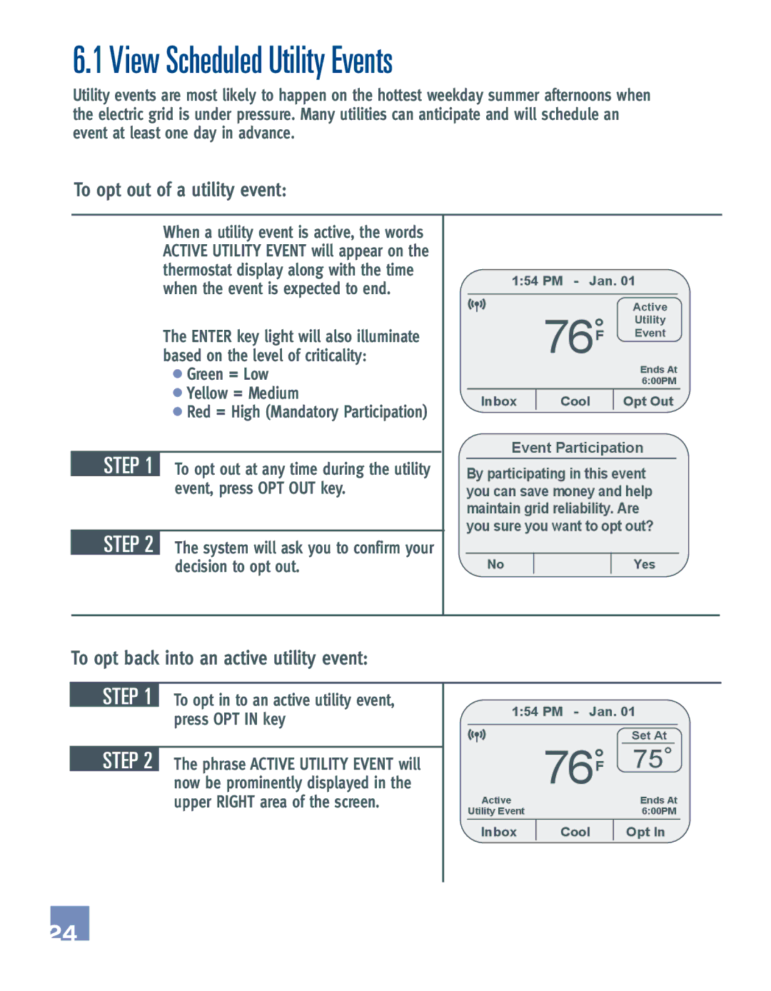 Emerson EE542-1Z View Scheduled Utility Events, To opt out of a utility event, To opt back into an active utility event 